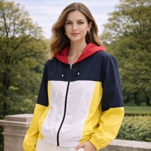 TOPSHOP Colorblock Windbreaker Jacket M US 8-10 Retro Y2K Hooded Lightweight Zip